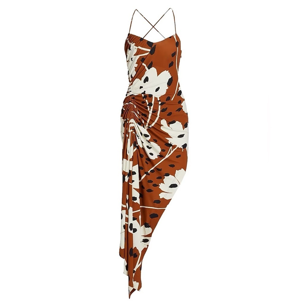 Monse brown abstract floral print asymmetrical draped midi dress - size 12